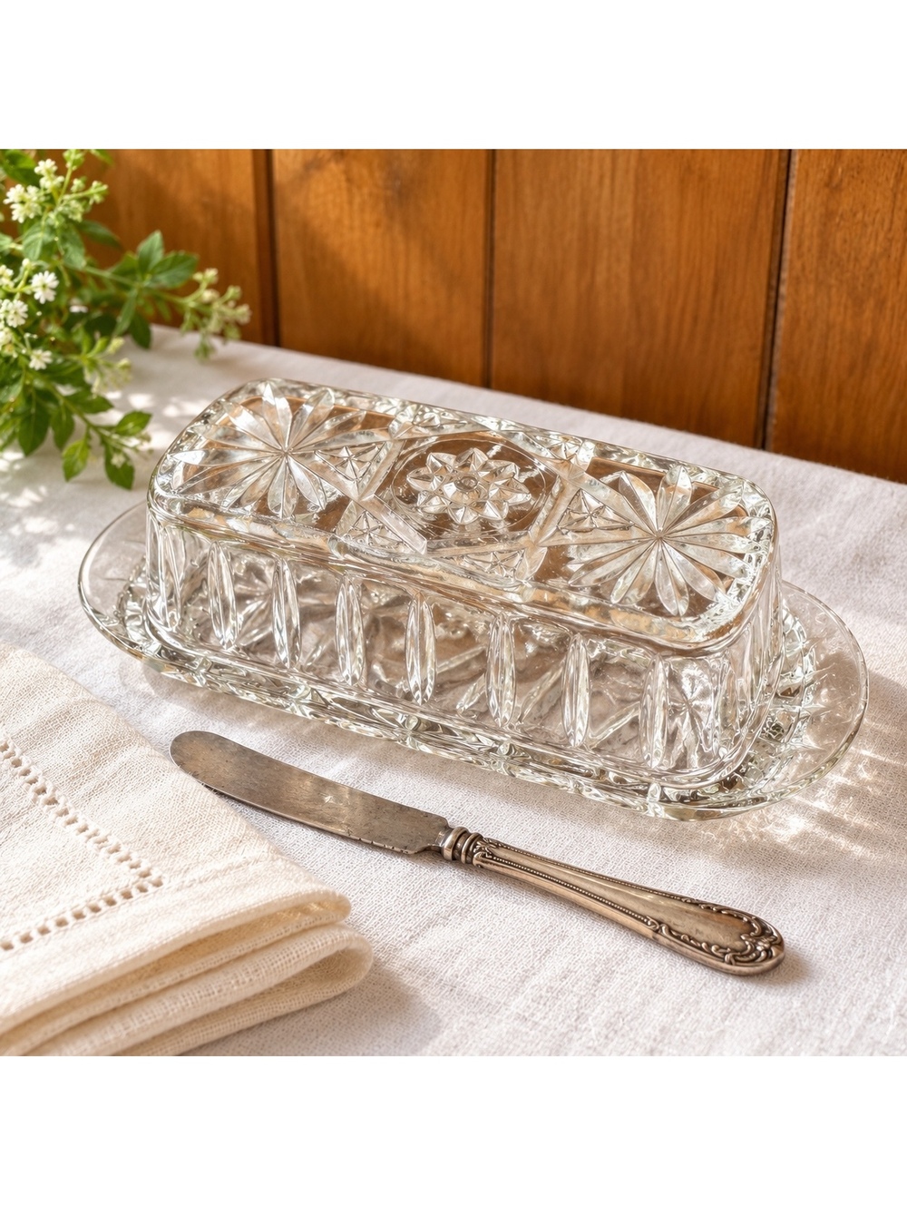 Vintage Glass Butter Dish, Anchor Hocking Star of David Pattern, Covered